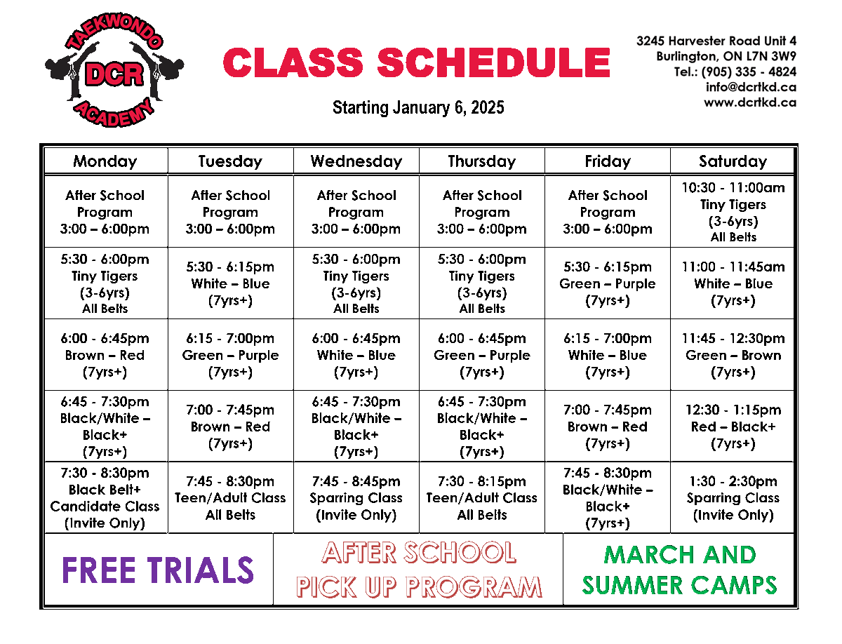 Class schedule January 2023